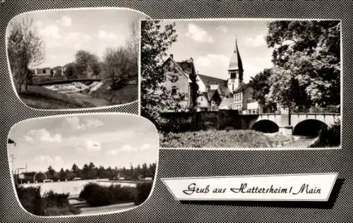 Ak Hattersheim am Main, Kirche, Freibad, Brücke