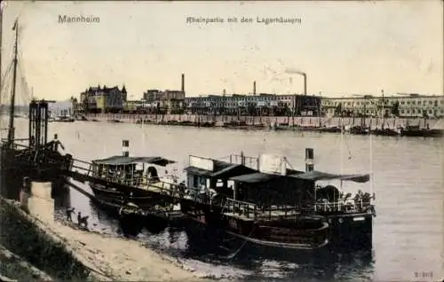 Ak Mannheim in Baden, Blick auf den Rhein, Lagerhäuser, Boote
