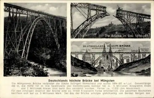 Ak Solingen im Bergischen Land, Müngstener Brücke, Bau 1894-97, Größenvergleich