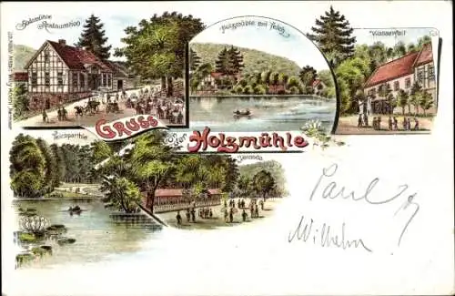 Litho Eldagsen Springe am Deister Niedersachsen, Restaurant Holzmühle, Teich, Wasserfall