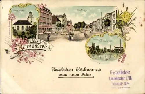 Litho Neumünster in Holstein, Evangelische Kirche, Teichansicht von der Mühlenbrücke aus