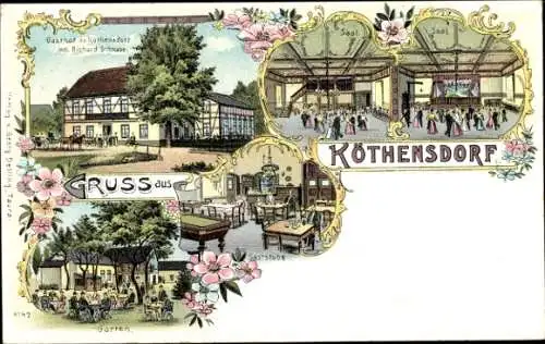 Litho Köthensdorf Taura Sachsen, Gasthof, Saal, Garten, Billardtisch