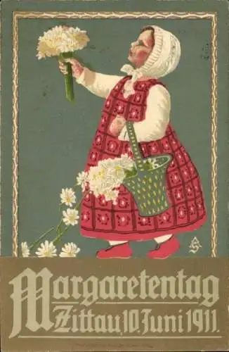 Künstler Ak Zittau in Sachsen, Margaretentag 1911, Mädchen mit Blumen