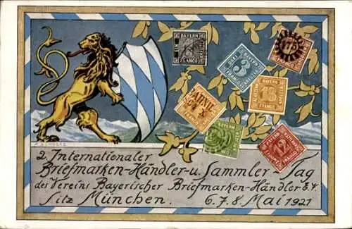 Briefmarken Wappen Künstler Ak Bungerz, München, Briefmarken Händler und Sammler Tag 1921