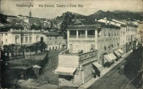 Ak Ventimiglia Liguria, Via Cavour, Teatro e Città Alta