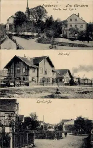 Ak Niederau in Sachsen, Bahnhof, Gleisseite, Kirche, Pfarre, Dorfstraße