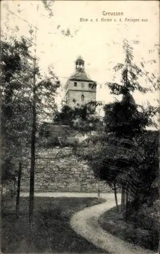 Ak Greußen in Thüringen, Kirche von den Anlagen aus gesehen