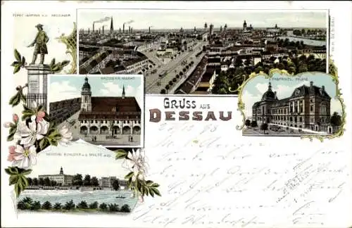 Litho Dessau in Sachsen Anhalt, herzogl. Schloss, erbprinzliches Palais, Denkmal, großer Markt