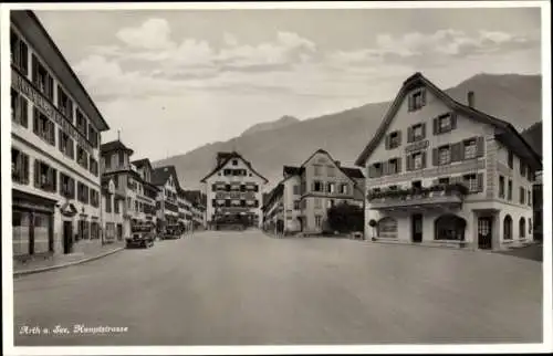 Ak Arth Kt. Schwyz Schweiz, Blick in die Hauptstraße, Hotel Restaurant Adler, Hotel du Rigi, Rössli