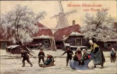 Künstler Ak Gerstenhauer, Glückwunsch Neujahr, Schlittenfahrt, Schneelandschaft, Windmühle
