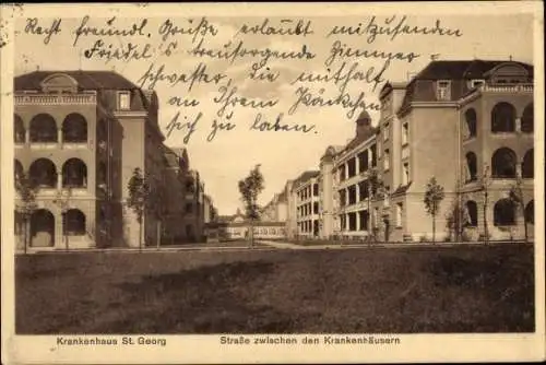 Ak Leipzig in Sachsen, Krankenhaus St. Georg, Straße zw. Krankenhäusern