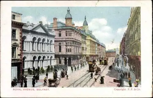 Ak Belfast Nordirland, Royal Avenue, Straßenbahnen