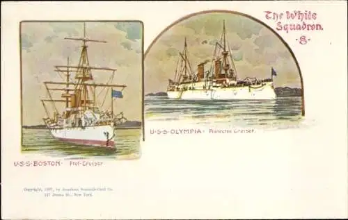 Ak US Amerikanisches Kriegsschiff, USS Boston, USS Olympia, White Squadron