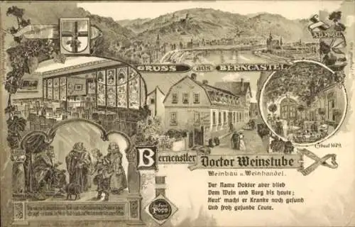 Künstler Ak Bernkastel an der Mosel, Gesamtansicht, Doctor Weinstube