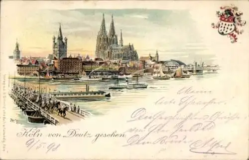 Litho Köln am Rhein, Dom, Brücke, Dampfer, Blick von Deutz aus