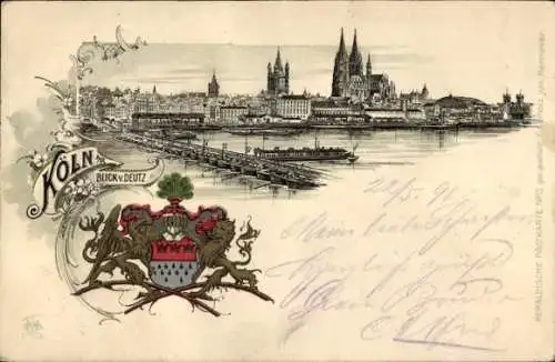 Wappen Litho Köln am Rhein, Blick von Deutz, Dom, Schiffsbrücke