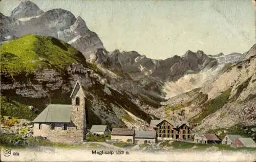 Ak Meglisalp Appenzell Innerrhoden Schweiz, Teilansicht, Kirche