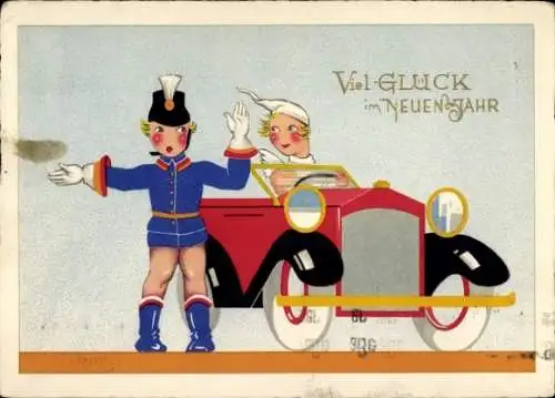 Künstler Ak Fröhliches Neujahr, Automobil, Verkehrspolizistin