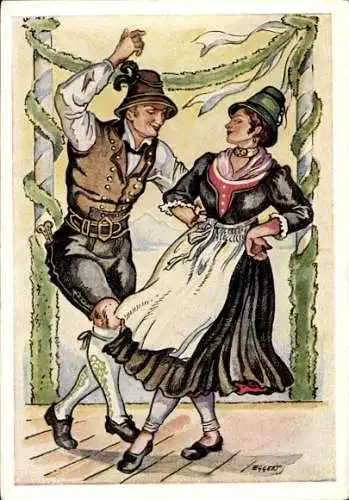 Künstler Ak Schliersee in Oberbayern, Bayrische Trachten, Tänzerpaar, um 1830