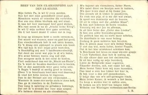 Künstler Ak Kronprinz Wilhelm von Preußen im Exil Wieringen 1919, Brief an den Kaiser