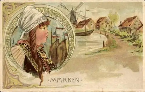 Litho Marken Nordholland, Windmühle, Frau in Tracht
