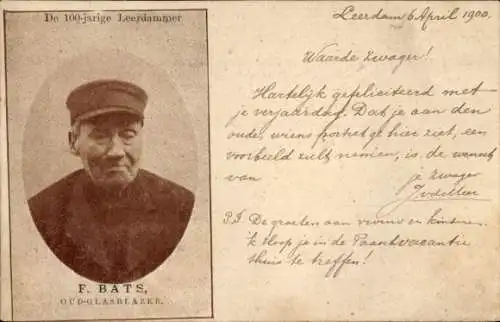 Ak Leerdam Südholland, Der 100-jährige Leerdammer, F. Bats, ehemaliger Glasbläser