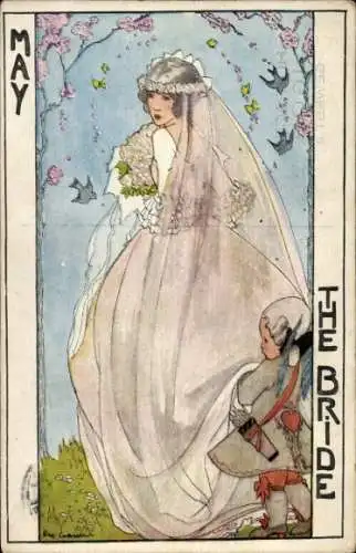 Künstler Ak Cramer, R., Braut in weißem Kleid, Blumen, Amor, Mai