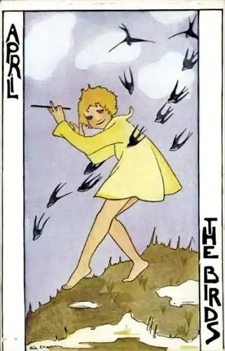 Künstler Ak Cramer, Rie, April, Kind, Schwalben, Allegorie