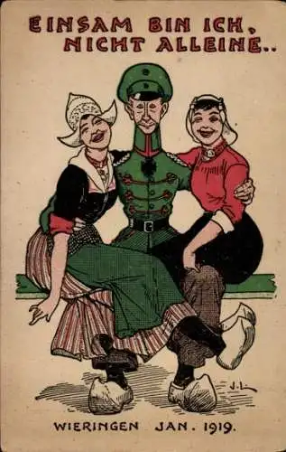 Künstler Ak Kronprinz Wilhelm, Exil, Frauen in niederländischer Tracht, Karikatur, Wieringen