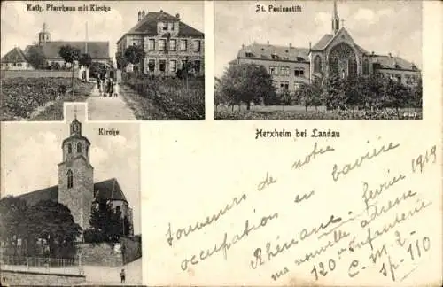 Ak Herxheim bei Landau in der Pfalz, Katholisches Pfarrhaus mit Kirche, St. Paulusstift