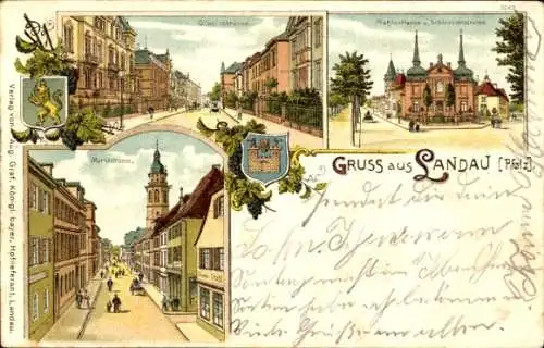 Litho Landau in der Pfalz, Glacisstraße, Kirche, Marktstraße, Wappen