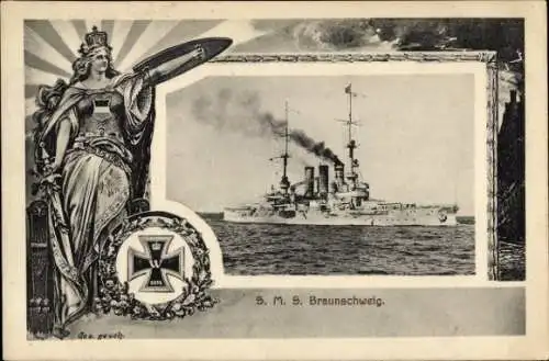 Passepartout Ak Deutsches Kriegsschiff, SMS Braunschweig, Linienschiff, Eisernes Kreuz