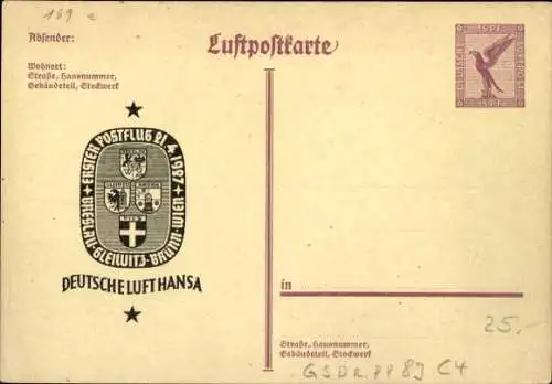 Ganzsachen Ak Luftpostkarte, Deutsche Lufthansa, erster Postflug 1927, PP 89 C 4