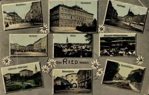 Ak Ried im Innkreis Oberösterreich, Rossmarkt, Gymnasium, Pfarrkirche, Bahnhofstraße, Hauptplatz