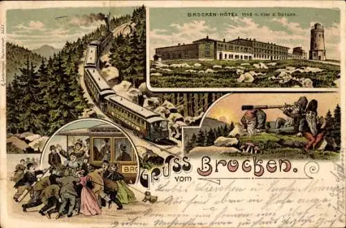 Litho Brocken Nationalpark Harz, Brockenhotel, Brockenbahn, Zwerge