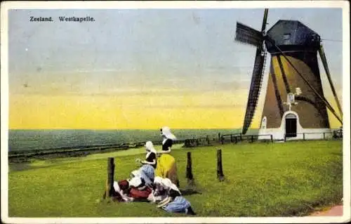 Ak Westkapelle Zeeland, Windmühle, Kinder in Tracht