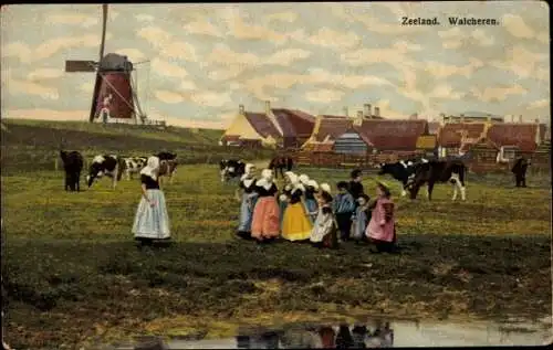 Ak Walcheren Zeeland, Windmühle, Frauen in Tracht