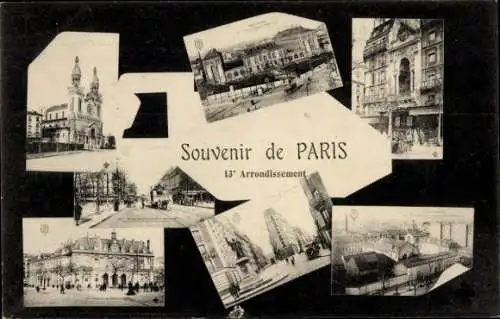 Ak Paris XIII., Detailansichten, Kirche, Straßenpartien