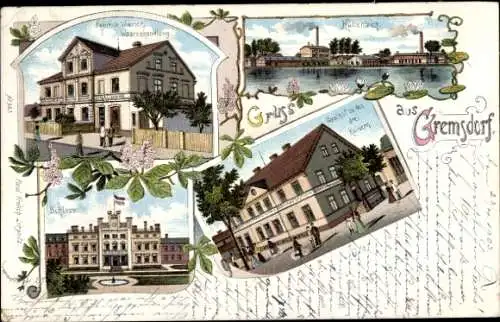 Litho Gromadka Gremsdorf Niederschlesien, Gasthaus zu den drei Kaisern, Warenhandlung, Schloss