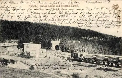 Ak Hüttenrode Blankenburg am Harz, Bahnhof Braune Sumpf und Bielstein Tunnel, Harz Zahnradbahn