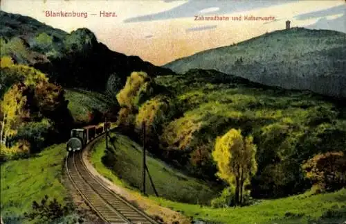 Künstler Ak Blankenburg am Harz, Zahnradbahn und Kaiserwarte