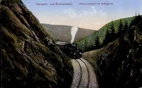 Ak Wernigerode im Harz, Harzquer- und Brockenbahn, Felseinschnitt im Drängetal