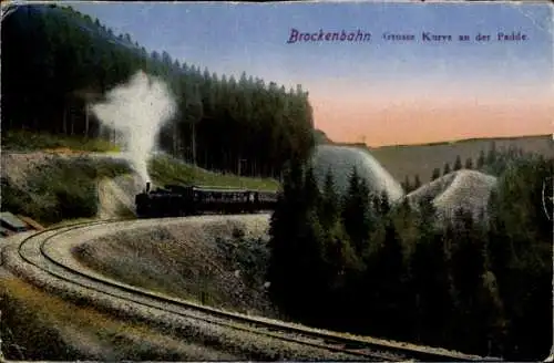 Ak Brocken Nationalpark Harz, Brockenbahn, Große Kurve an der Padde, Dampflok