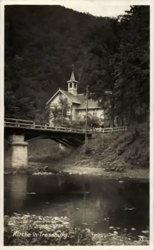Ak Treseburg Thale im Harz, Haus mit Glockenturm, Brücke, Fluss