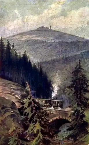 Künstler Ak Schierke Wernigerode im Harz, Panorama, Eisenbahn, Brocken
