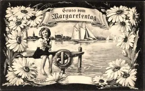 Ak Kiel, Margaretentag, Mädchen auf einem Steg, Segelschiff, Rettungsring