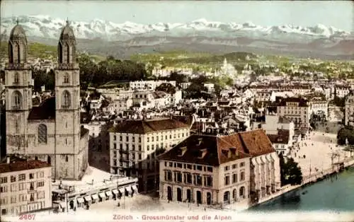Ak Zürich Stadt Schweiz, Grossmünster und die Alpen