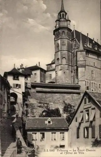 Ak Fribourg Freiburg Stadt Schweiz, Le Court Chemin und Rathaus