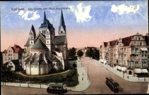 Ak Koblenz am Rhein, Löhrstraße, Herz Jesu Kirche, Straßenbahnen
