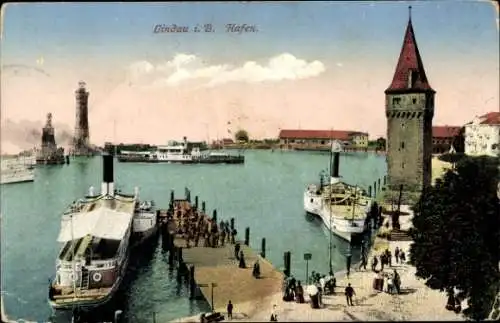 Ak Lindau am Bodensee Schwaben, Hafen, Schiffe, Turm